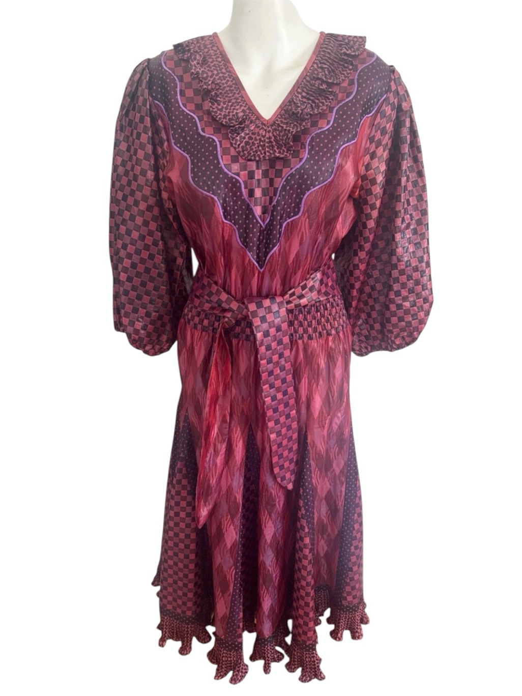 Diane Freis Midi Dress Vintage Checked And Printed Maroon Purple Puff Sleeves